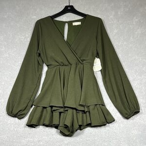 Altar'd State Romper Womens Size Medium Olive Green Long Sleeve Sheer